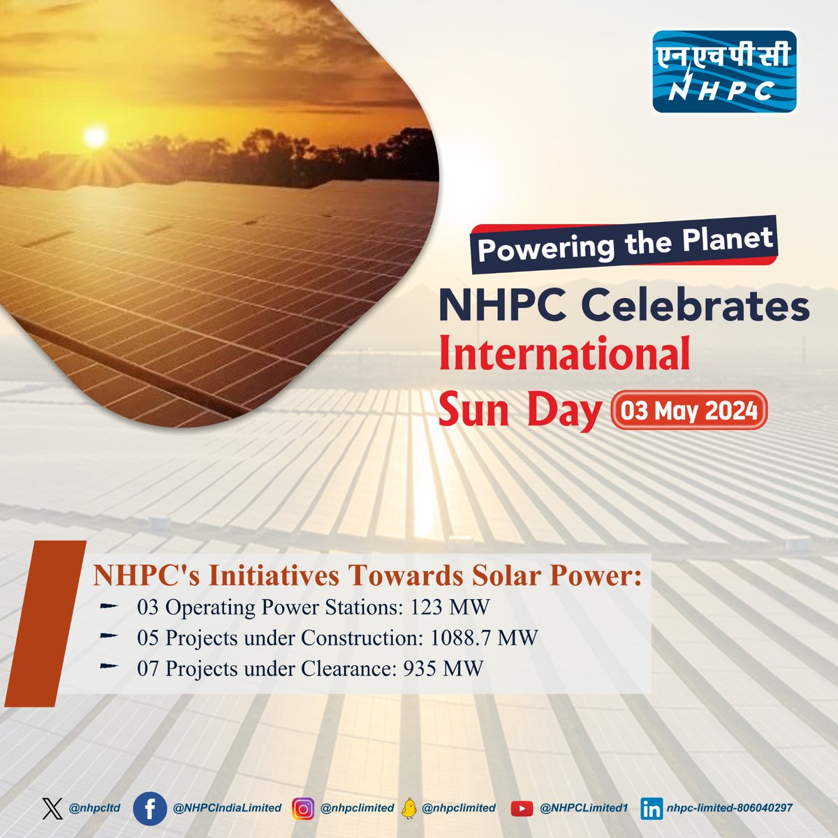 #NHPC celebrates 'International Sun Day'- 3rd May 2024 #internationalsunday #SolarEnergy #renewableenergy #nhpclimited @MinOfPower @PIB_India