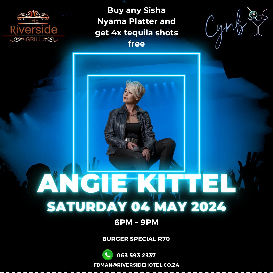 Join us tomorrow night for live music with Angie Kittel. Reserve your tables by contacting fbman@ribversidehotel.co.za or whatsapp 063 593 2337. #riversidegrill #saturday #saturdaynight #SaturdayVibe