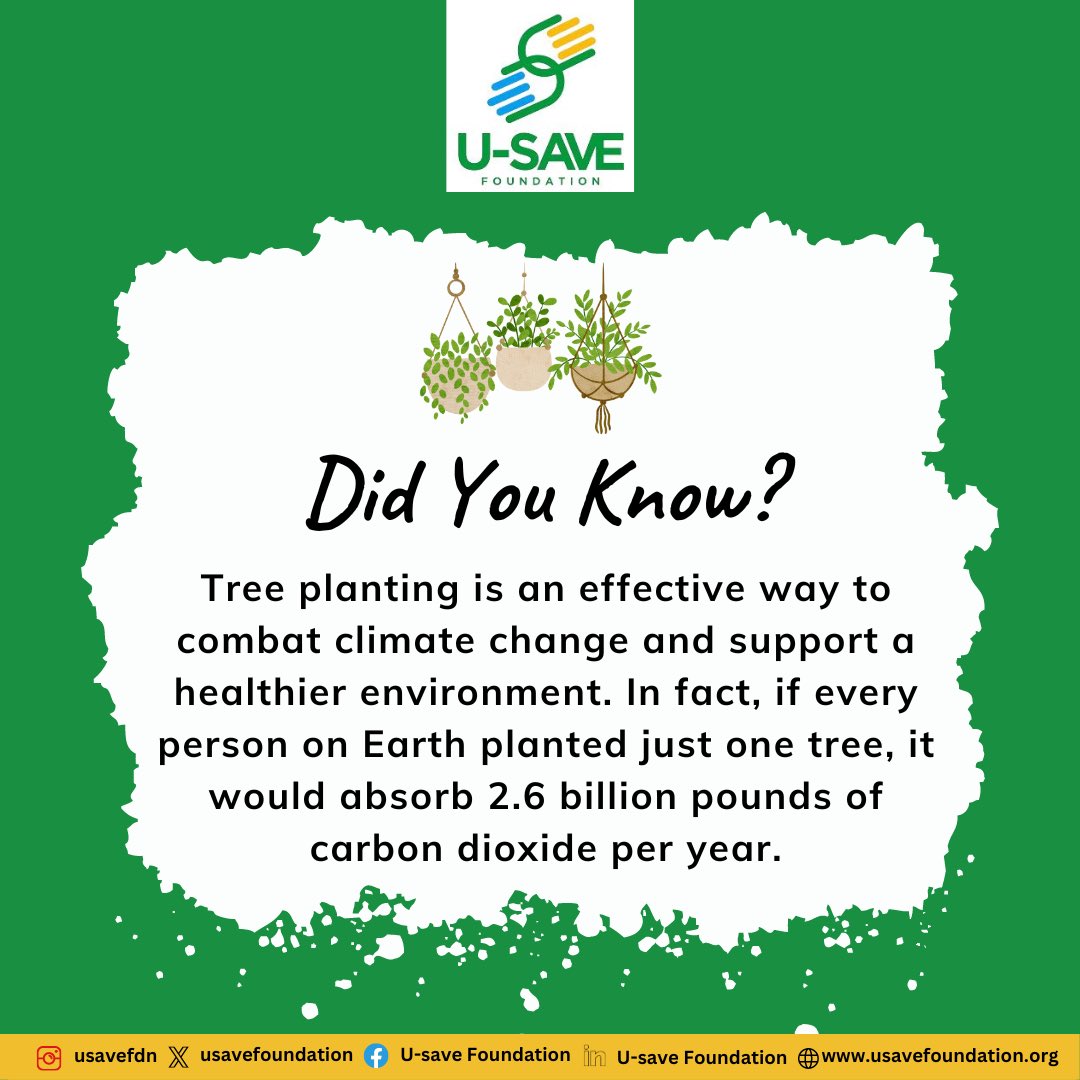 💡Did you know?
Trees planted today can provide benefits for future generations, making tree planting a valuable investment in health and well-being of the planet as a whole.
#treeplanting #climatechange 
#usavefoundation #ngoinnigeria