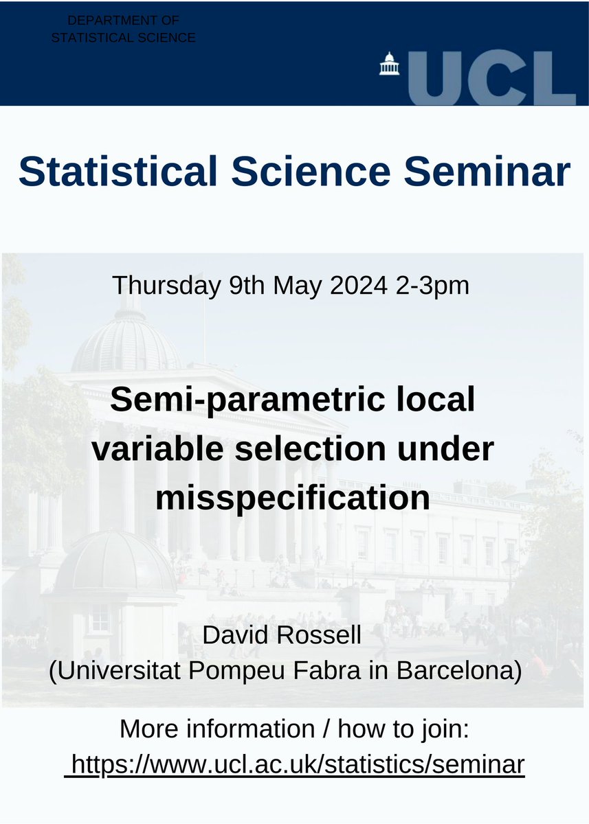 Next week’s departmental seminar will be given by David Rossell (Universitat Pompeu Fabra in Barcelona). Time and date: Thursday 9th May 2-3pm In-person location: 1-19 Torrington Place, B09 Link to join online:  contact ( stats-seminars-join@ucl.ac.uk )