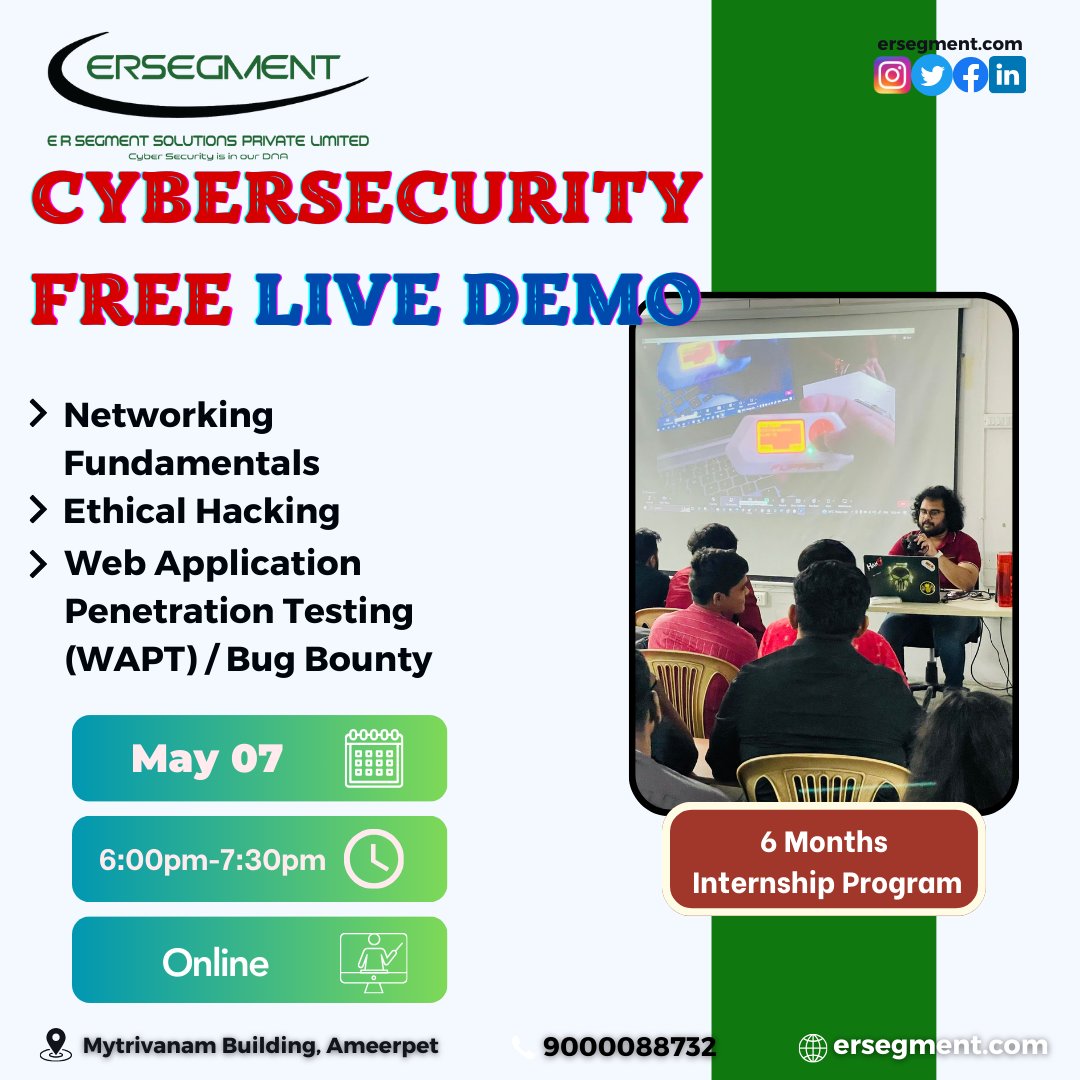 #CybersecurityDemo #CyberSecEvent #OnlineLearning #CyberSecurityTraining #TechSecurity #DigitalSafety #CyberEvent #VirtualEvent #CyberSecurityAwareness #ITTraining #CyberProtection #CyberEducation #InfoSecTraining  #kartheekchanda #ersegmentsolutionspvtltd #ersegment