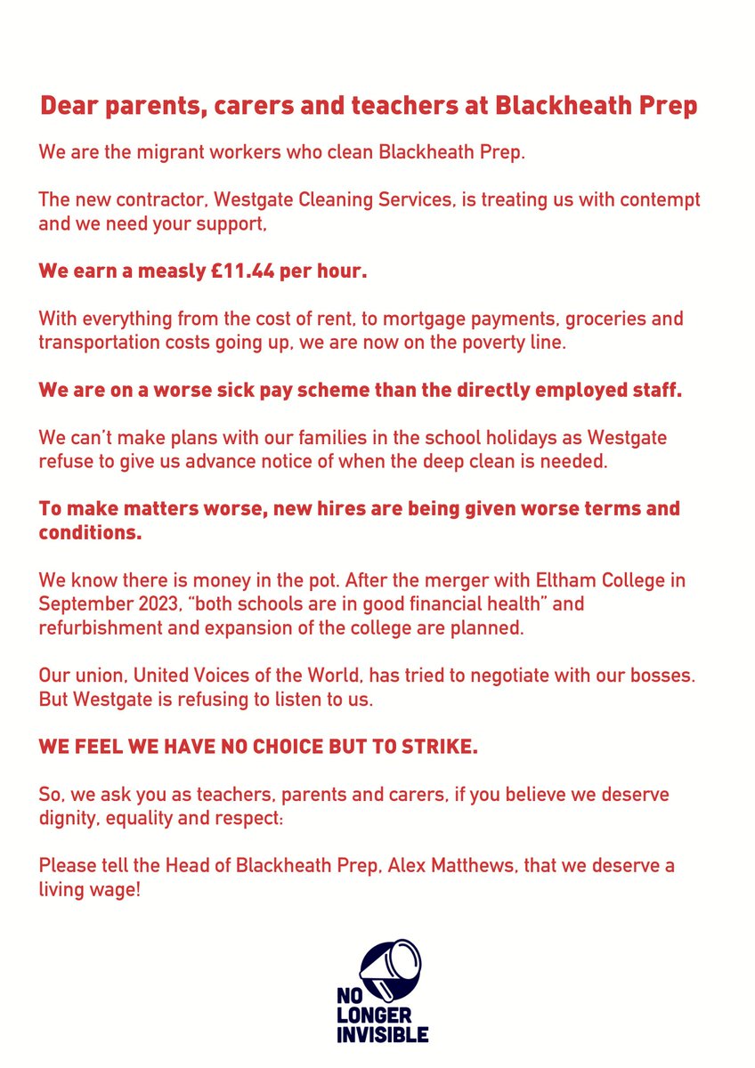 Today cleaners @BlackheathPrep asked parents, carers & teachers to stand with them! They want the LLW, the same T&C's for all cleaners & the same sick pay as directly employed staff. It's time this 15k a yr school & its contractors westgatecleaning.com listen up! #UVWstrikes