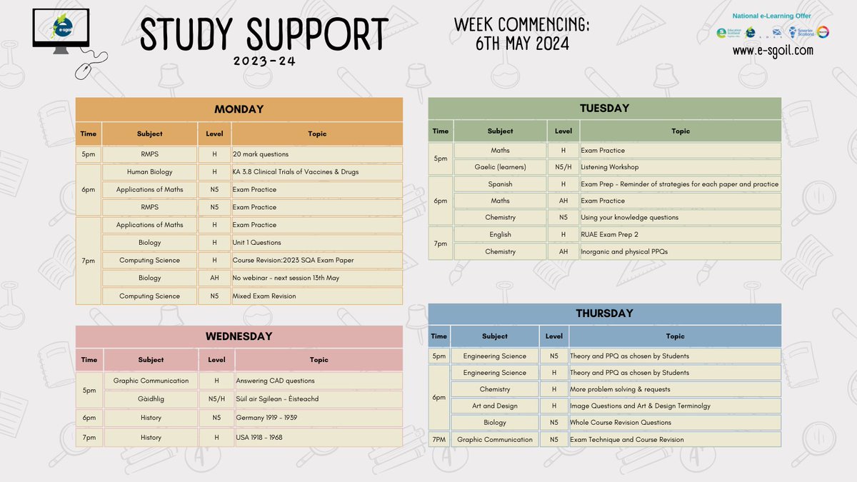 LEARNERS ! - More exams still to come? Check out our live Study Support webinar programme. e-sgoil.com/senior-phase/s… It's not too late to sign up and you will have access to all resources the staff have shared this session. Have a look at what's coming up next week ⤵️ #NeLO