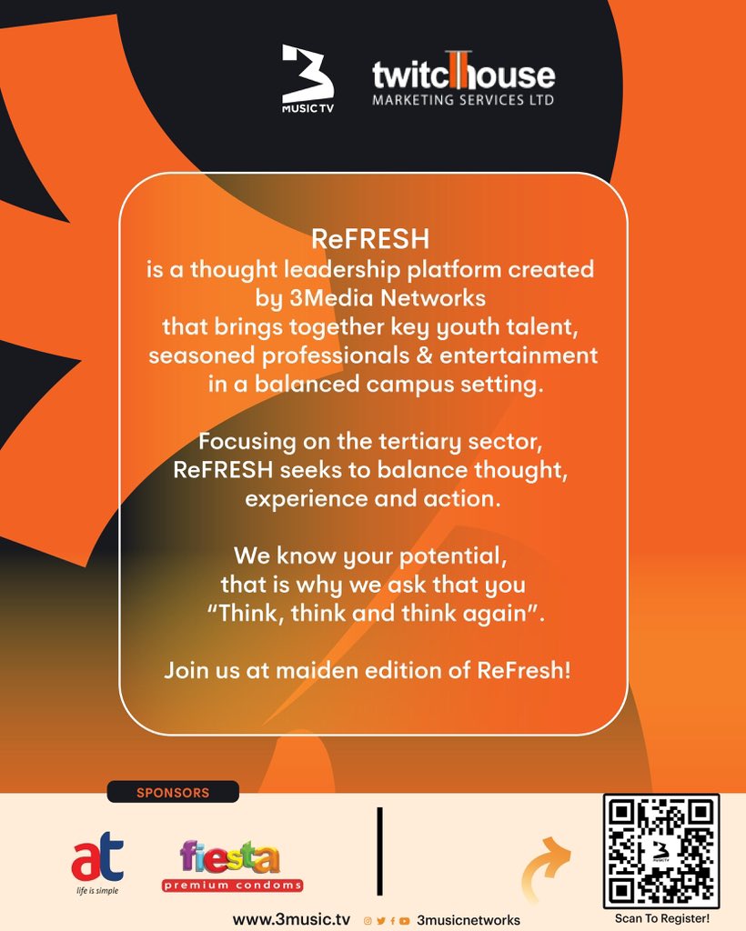 ReFRESH is a thought-leadership event created by 3Media Networks. 
The event will connect key stakeholders in the tertiary space with 
a keen focus on personal development, career development, entrepreneurship 
as well the intellectual pursuits of a higher education.