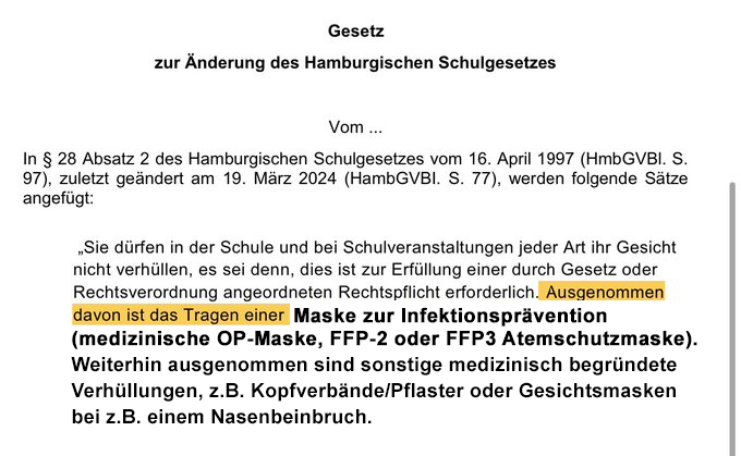 Wie wäre es denn damit, einen Zusatz für sonstige med. veranlasste Gründe habe ich ebenfalls aufgenommen:

» Ausgenommen davon ist das Tragen einer Maske zur Infektionsprävention (medizinische OP-Maske, FFP-2 oder FFP3 Atemschutzmaske). «

#Maskenverbot #Hamburg @Anwalt_Jun