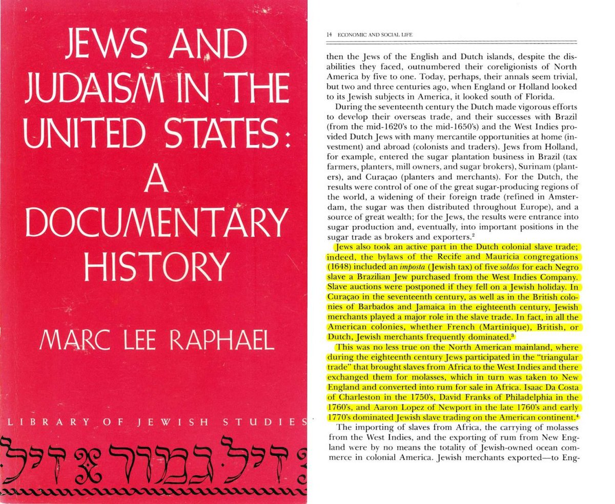 @wayotworld The very honest Rabbi Marc Lee Raphael admitted in his well-researched book, Jews and Judaism in the United States: A Documentary History, that the buying, transporting and selling of African slaves was dominated by ✡️ for the 2 Americas.