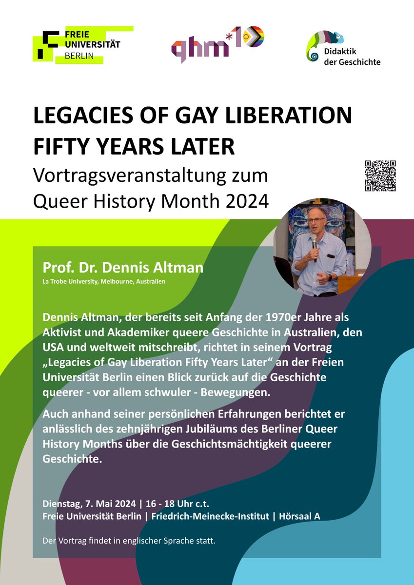 Next Tuesday we are delighted to welcome Dennis Altman talking about the Legacies of Gay Liberation 50 years later, organised by @GeDi_FuBerlin. Join us. No registration needed. #QHMBerlin2024 #10yearsofQueerHistoryMonthBerlin