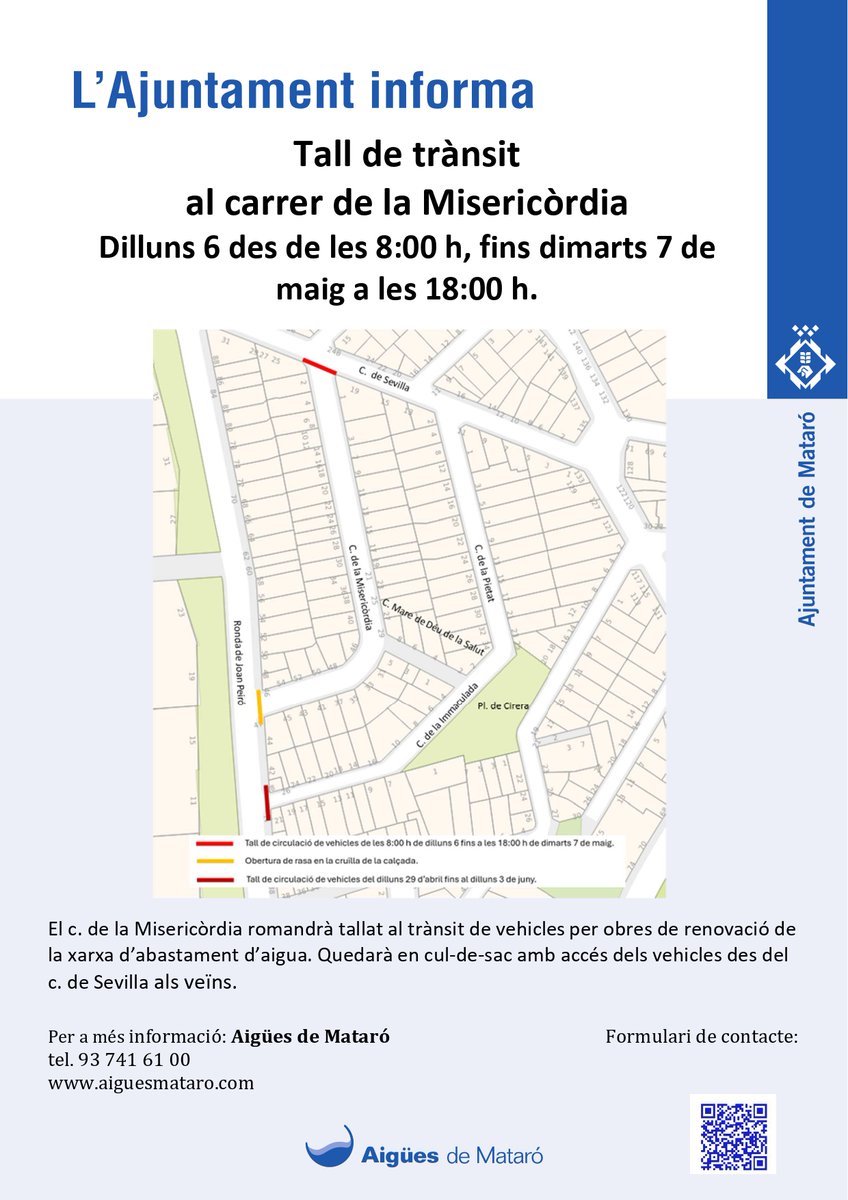 ⛔Dilluns 6 de maig a les 8 h i fins dimarts 7 a les 18 h, Aigües de #Mataró interromprà el trànsit al carrer de la Misericòrdia, per treballs de renovació de la xarxa⛔ ➡️ Els veïns podran accedir al carrer en cul-de-sac Disculpeu les molèsties. 👷🏻‍♀️ @matarocat
