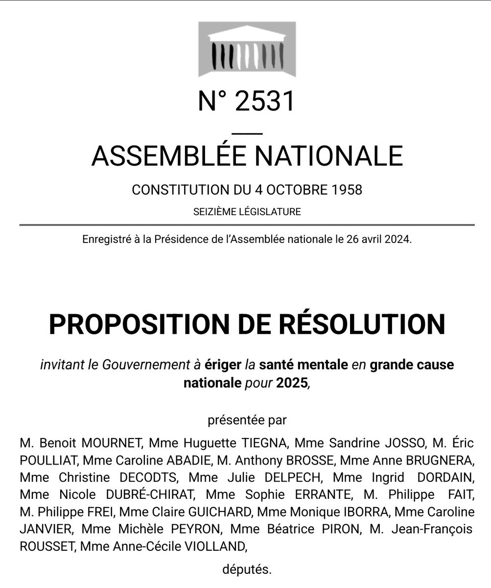 🔴 Le député <a href="/BenoitMournet/">Benoit Mournet</a> a déposé une résolution invitant le Gouvernement à ériger la santé mentale « Grande cause nationale 2025 », dans le sillage de l'appel du collectif <a href="/SanteMentaleGC/">Collectif Santé mentale - Grande cause nationale</a> représentant plus de 3000 structures (associations, élus, acteurs du secteur).
1/3 ⤵️