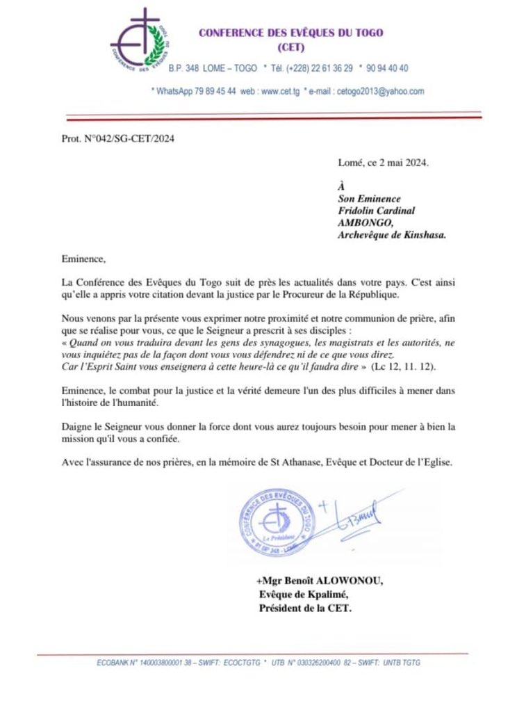 #RDC: La Conférence des Évêques du #Togo ( CET) apporte son soutien au <a href="/TataCardinal/">Cardinal Fridolin Ambongo Besungu</a>