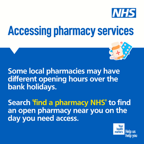 Some local pharmacies may have different opening hours over the bank holidays. Your pharmacist can now provide some prescription medicine, where appropriate, without seeing a GP. To find an open pharmacy near you visit ➡️ ow.ly/LiLw50RtcEN