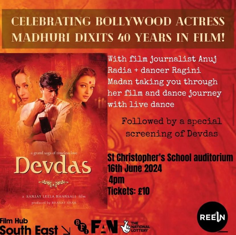 EVERYONE IN UK: I will be hosting a very special segment and speaking about 40 illustrious years of #MadhuriDixit. Followed by a special screening of #SanjayLeelaBhansali’s Devdas. 16th June at Letchworth. @ReelnUK