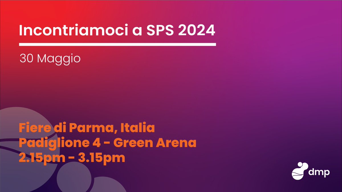 Vediamoci a @spsitalia! 

Siamo lieti di comunicare che siamo stati invitati da Automation Technology alla tavola rotonda 'Top 100 - Guida all’Automazione Made in Italy'.

Qui i dettagli ➡️ bit.ly/3JKgNn6
L'ingresso è gratuito!
#dmp
#peoplecanchangeeverything
#sps2024