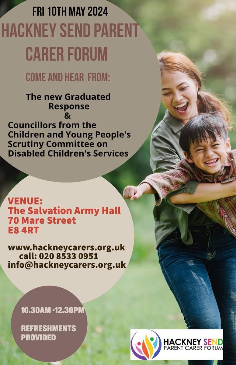 Join us for next event hosted by Hackney Parent Carer Forum!!

Come along to find out important information on the new Graduated Response by Judith Wilson.
And meet councillors from the children and young people's scrutiny committee on disabled children's services.