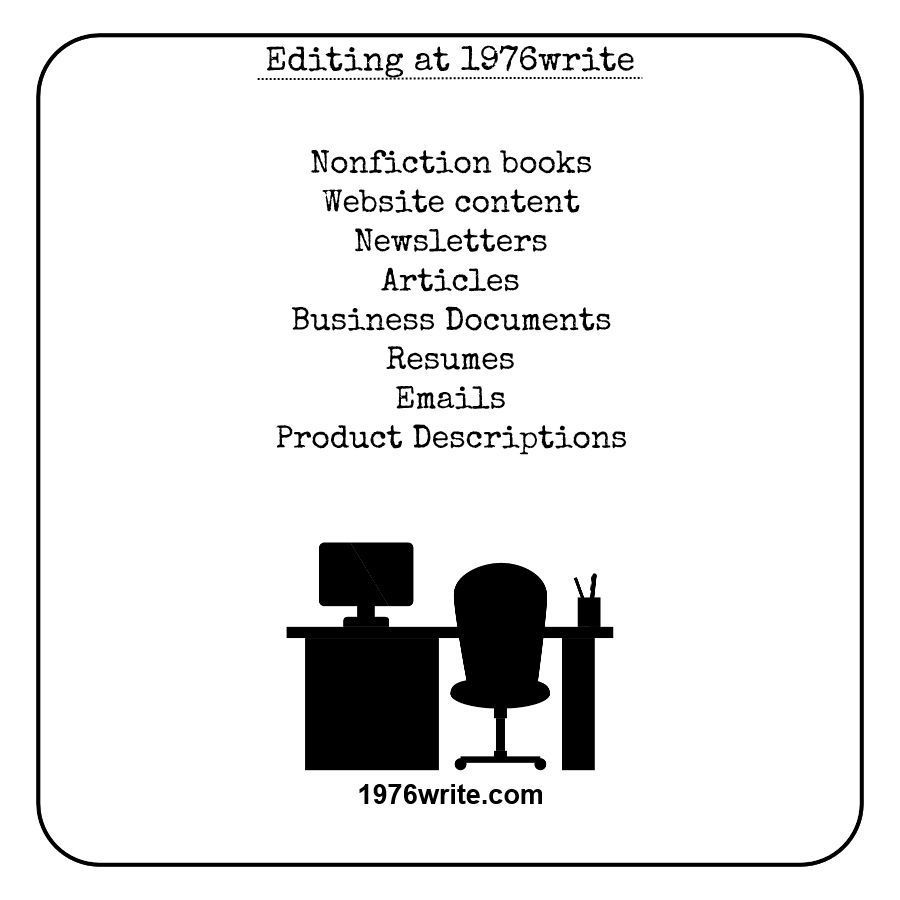 Editing Services at 1976write - #nonfiction #newsletters #blogposts #businessdocs

Learn more: buff.ly/47zcSmB

#WritingCommunity