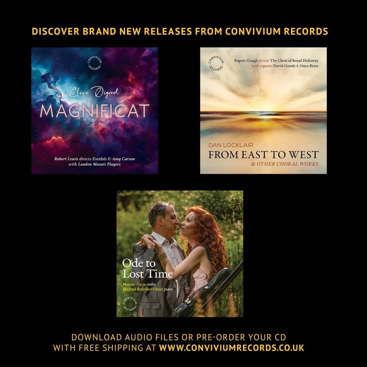 OUT NOW! Discover brand new releases from Convivium Records 👉 @Clive_Osgood Magnificat conviviumrecords.co.uk/product/clive-… 👉 From East To West - sacred music by Dan Locklair conviviumrecords.co.uk/product/dan-lo… 👉 Ode To Lost Time - French music for violin & piano conviviumrecords.co.uk/product/ode-to…
