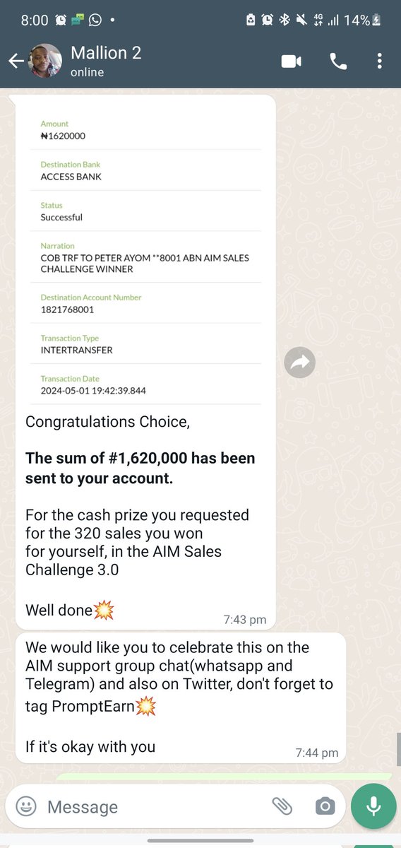 1.6 million receive from @promptearn 🥰 My cash Equivalent for the 320 sales received joyfully 😩 Thanks @MartinsOsimen_ and @BamsonOfficial for this wonderful opportunity 🙏😭 The goals is becoming clear💯🤩 We do more next ✅