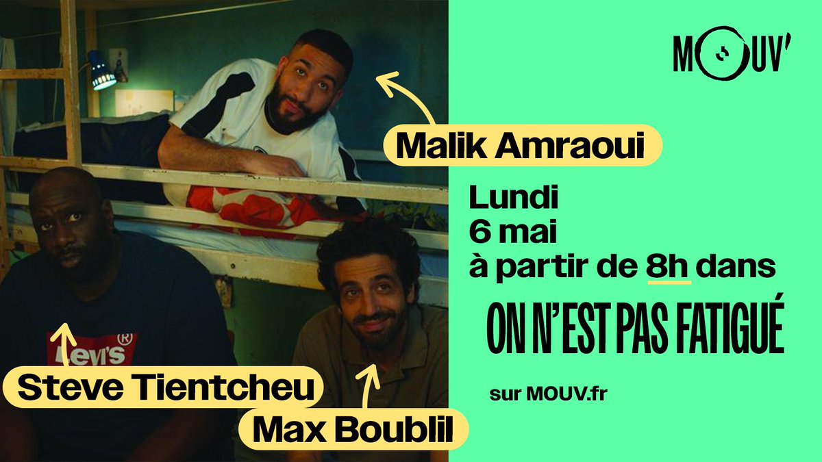 ⏰On commence la semaine en bonne compagnie dans On n'est pas fatigué ! @max_boublil, @SteveTientcheu7 et @Malikamraoui seront avec nous dès 8h pour nous parler de 'Neuilly-Poissy', en salles le 8 mai