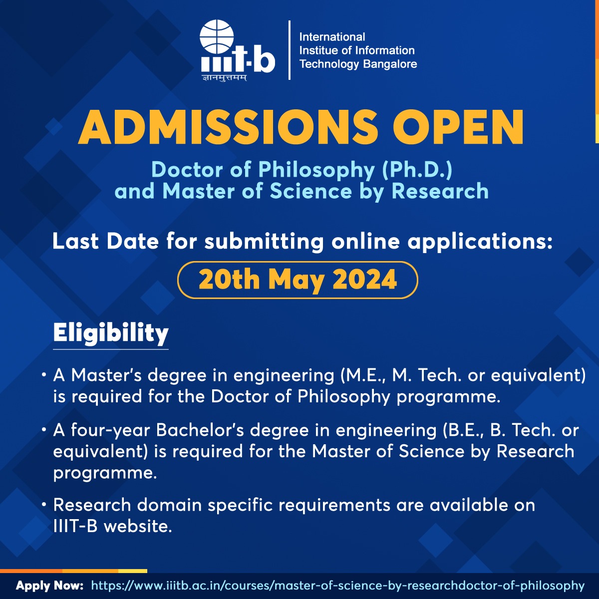 #AdmissionsOpen for Doctor of Philosophy (Ph.D.) and Master of Science by Research Last Date for submitting online applications: 20th May 2024 Apply Now: iiitb.ac.in/courses/master… #IIITB #IIITBangalore #ResearchProgrammes