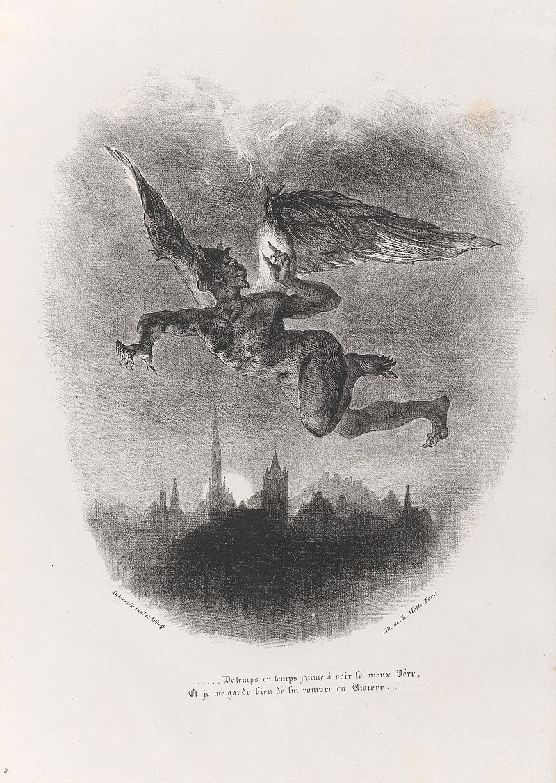 Mephistopheles flying over Wittenberg, lithograph by Eugène Delacroix