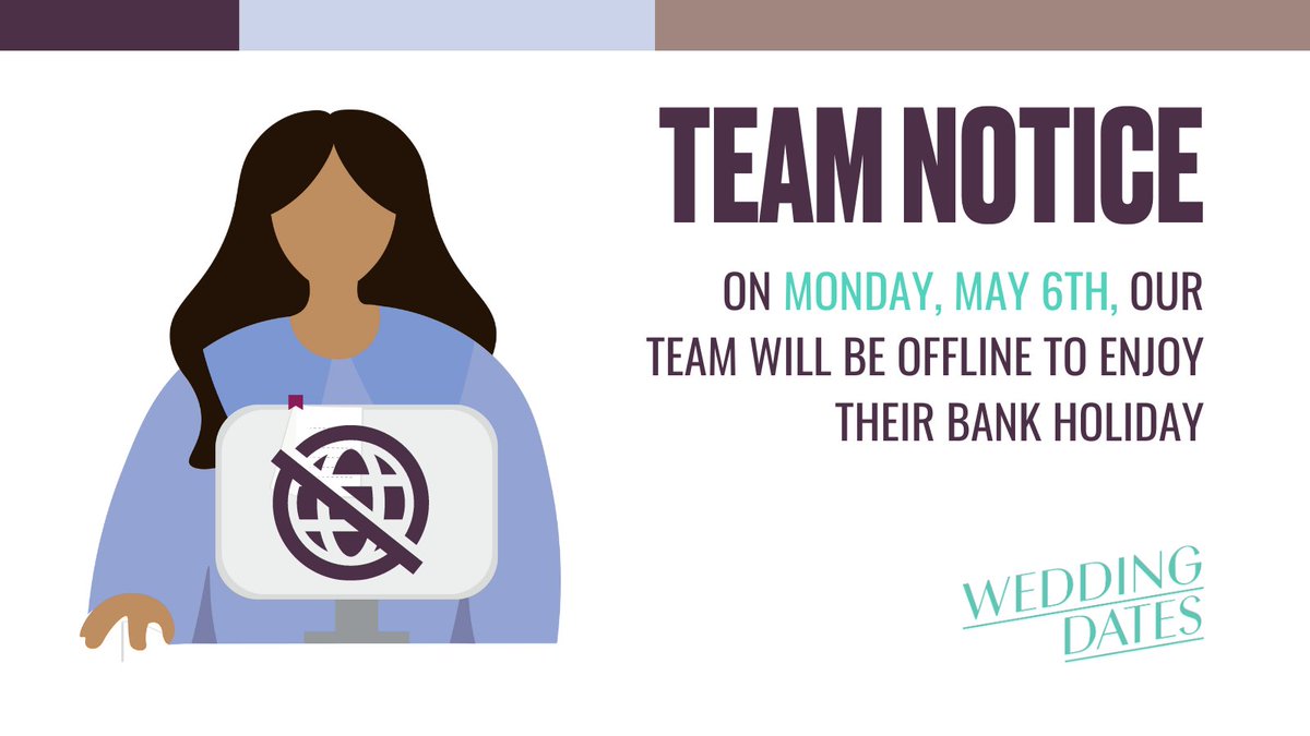 📢 Our team will be offline on Monday, the 6th of May for the #BankHoliday. For any queries, please reach out via email or fill in the contact form linked below. We'll respond promptly upon our return! getwedpro.com/contact-us #WeddingDates #TimeOff #WedPro