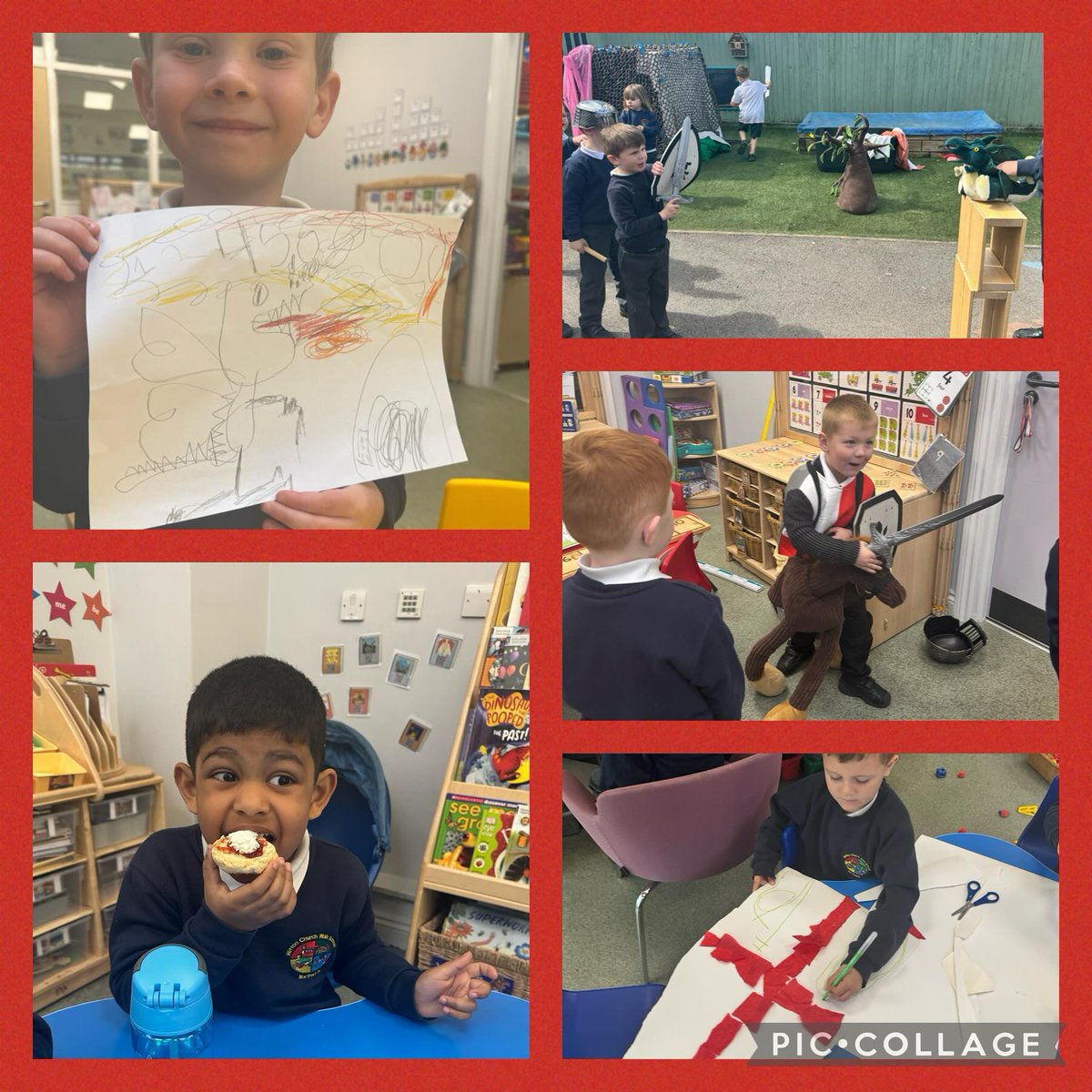 Looks what is happening in our Reception, come and join us and have lots of fun learning!    Please call to view, our HT will be delighted to show you around.  01606 663610 Celebrating St George!