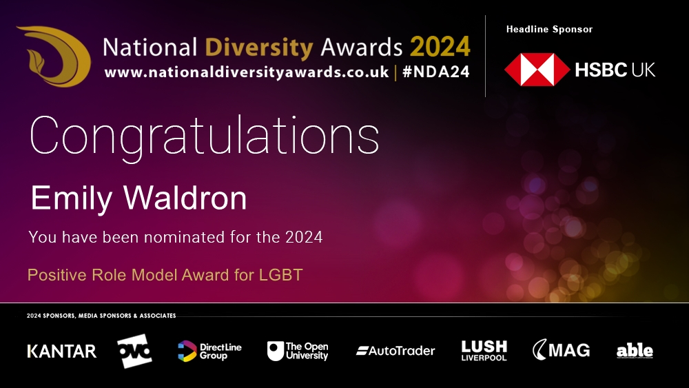 Congratulations to Emily Waldron @emmsyemma who has been nominated for the Positive Role Model Award for LGBT. To vote please visit nationaldiversityawards.co.uk/awards-2024/no… #NDA24 #Nominate #VotingNowOpen