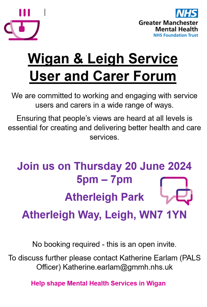 Calling all service users and carers accessing services through @GMMH_NHS across Wigan & Leigh 👇 Please see below for a fantastic opportunity to support service improvements and share your views. #GMMHGetInvolved