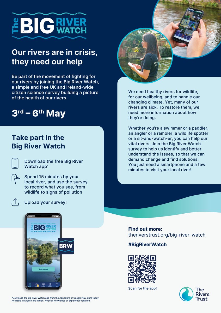 The @‌theriverstrust #BigRiverWatch is this weekend! Want an easy way to help our #rivers? Be a citizen scientist with your phone: 1️⃣ Download the free Big River Watch app 2️⃣ Spend 15 minutes observing your river 3️⃣ Answer the easy in-app survey 👉 theriverstrust.org/take-action/th…