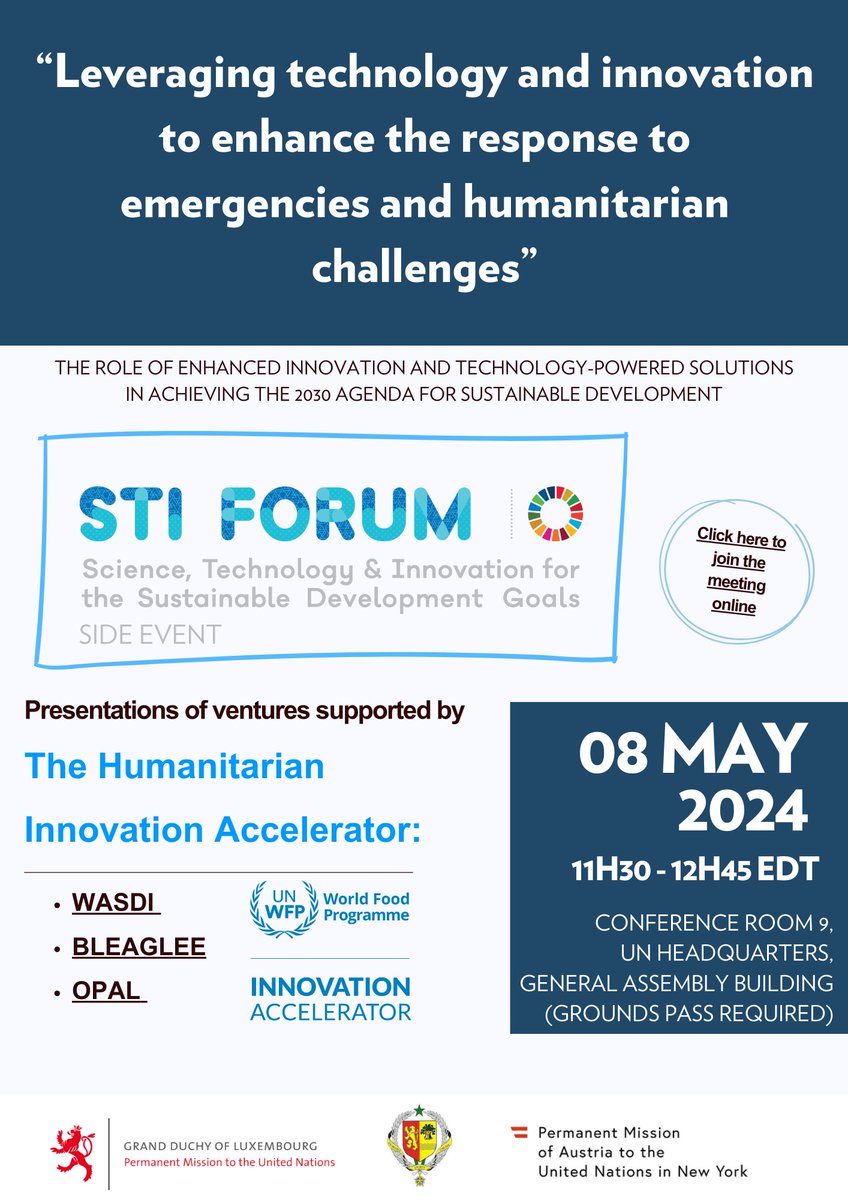 #Luxembourg, together w/@WFPInnovation & the governments of #Austria🇦🇹& #Senegal🇸🇳, is excited to co-organise a side-event at the STI Forum in New York. Join us on May 8, as we explore the role of innovation and technology in achieving the 2030 Agenda. #LuxAid