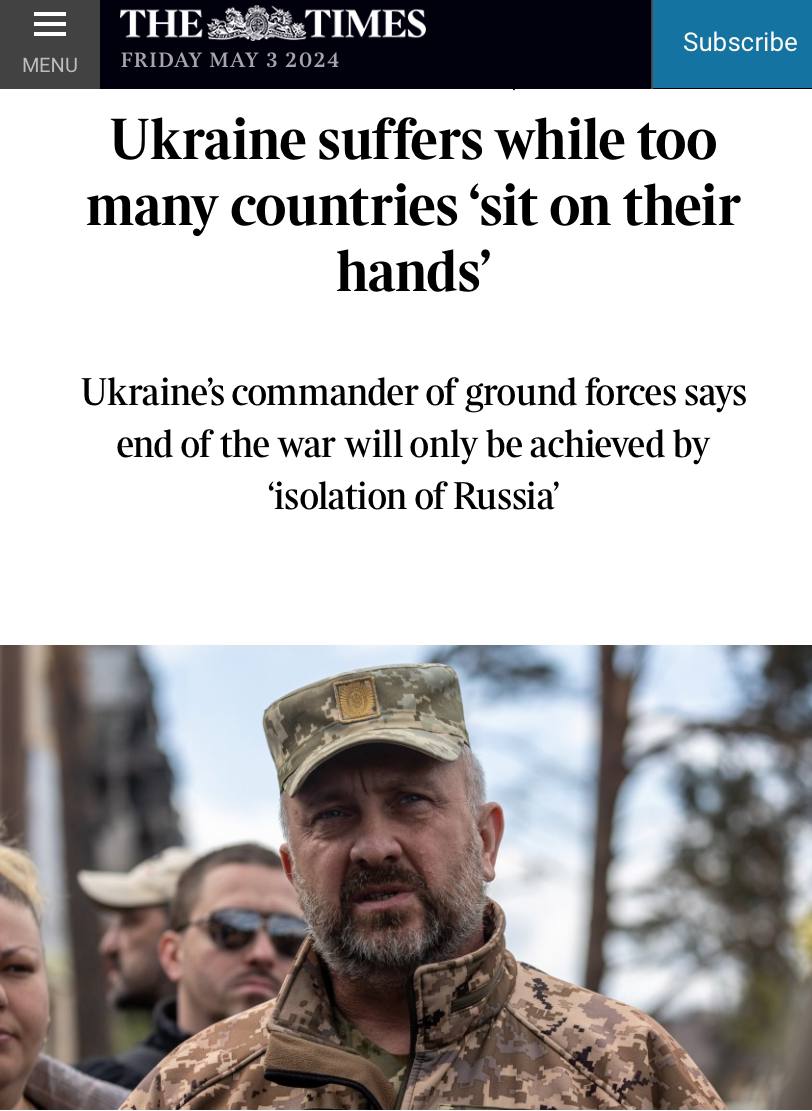 Oleksandr Pavlyuk told The Times interview. Highlights from the interview: 🧡The goals of the occupiers for 2024 are the complete occupation of Donetsk and Luhansk regions and, if they succeed, the Zaporizhzhia region. 🧡The aid package from the USA together with EU support…