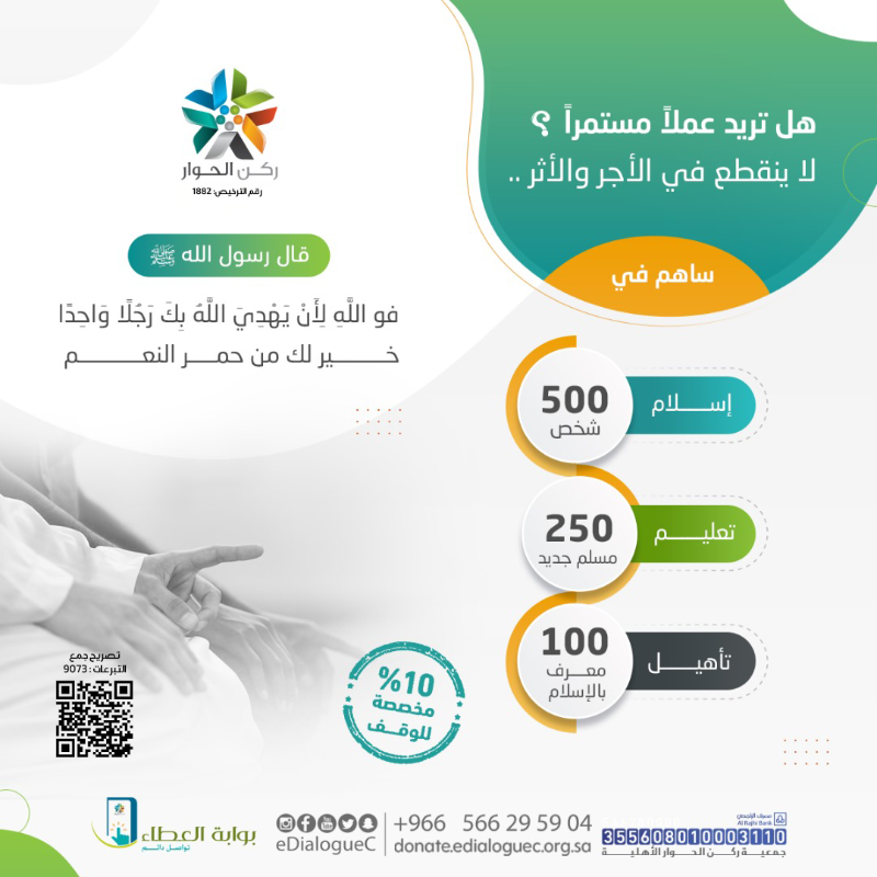 eDialogueC's tweet photo. ⁉️

هل تتخيل الأجر الممتد بإحسانك إلى الخلق بدلالتهم على الدين الحق؟
أجر يبدأ الآن ليمتد بعد مماتك بإذن الله 👍🏻💚