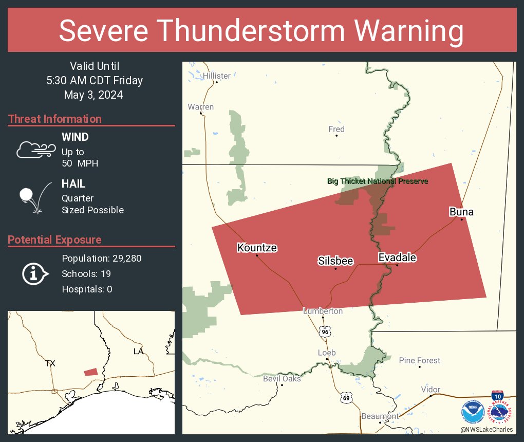 Severe Thunderstorm Warning including Silsbee TX, Buna TX and Kountze TX until 5:30 AM CDT