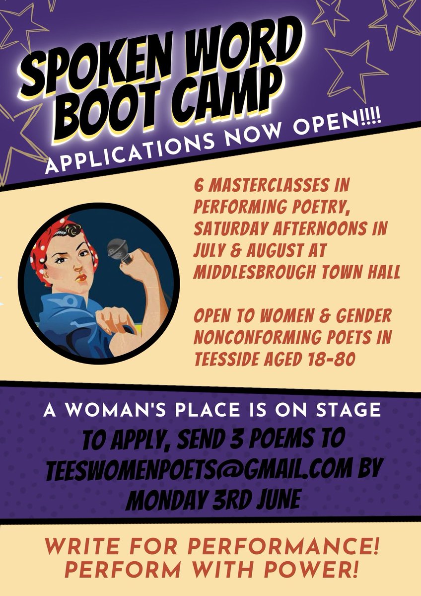 SPOKEN WORD BOOT CAMP 2024 - applications now open! Full info on dates, tutors, topics covered, application requirements, process and deadline here: teeswomenpoets.com/2024/04/22/boo… @EnglishTeesside @JessieJoeJacobs @drakebookshop @arcstockton @NewWritingNorth @Bloomingyouthco