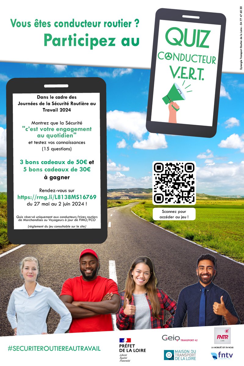Fort du succès des 2 précédentes éditions, nous organisons, pendant "Les  Journées de la Sécurité Routière au Travail 2024", la 3ème édition du  Quiz Conducteur VERT.
Cette action a pour but de sensibiliser  les  conducteurs routiers sur les sujets de Sécurité Routière.