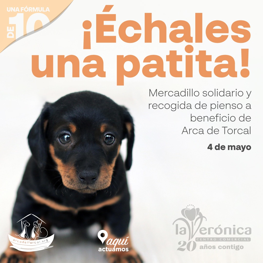 Recogida de alimentos para los perros y gatos a cargo de Arca del Torcal, en la planta baja del Centro Comercial la Verónica, sábado día 4 de Mayo, de 11 a 21 horas. Os esperamos !!