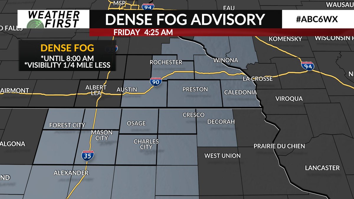**DENSE FOG ADVISORY** is in place for several counties in southeast Minnesota and northern Iowa until 8:00 AM. Visibility under 1/4 mile is possible. Plan on extra time for your commute as visibility can change rapidly over short distances. #mnwx #iawx