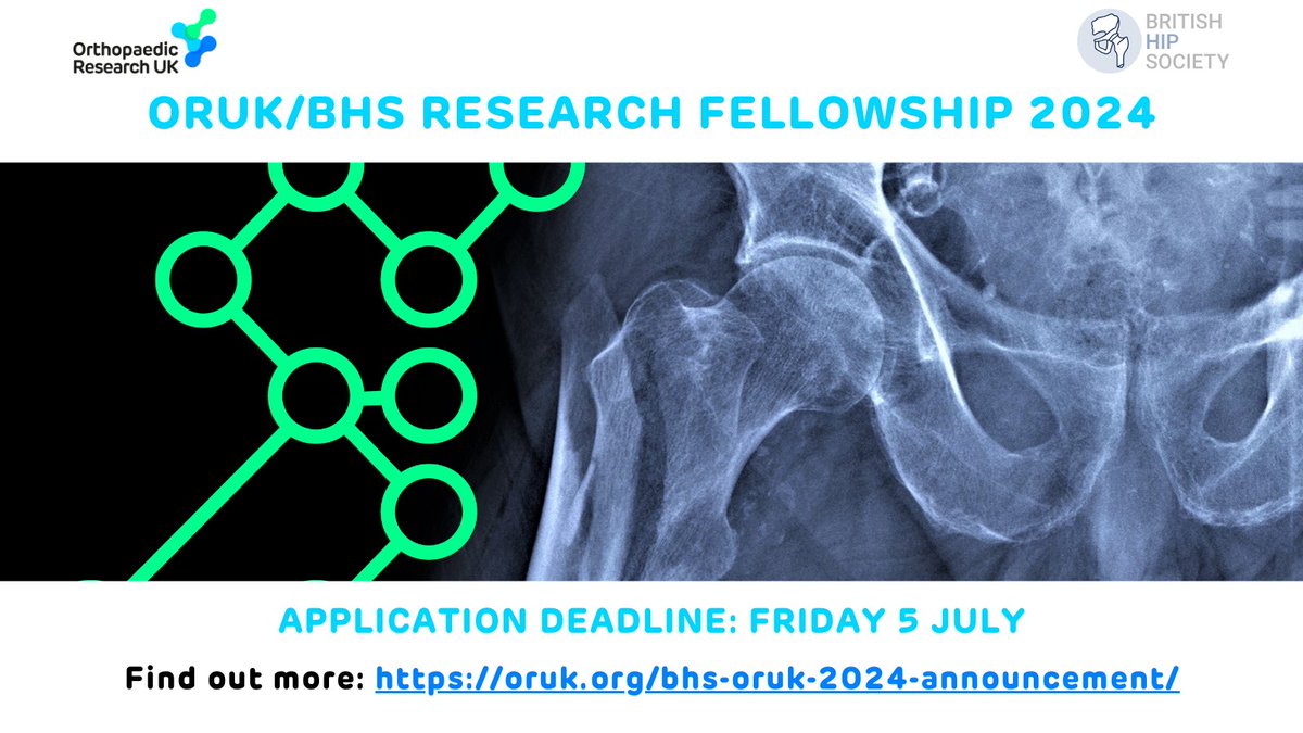 Applications for our joint research fellowship with @BritishHip are now open. Up to £110k will be available for the 2-year research fellowship. 

The deadline to apply is Friday 5 July 2024. 

Find out more: bit.ly/orukjpf
 #InvestinginOurFutureMovement #MSKmatters