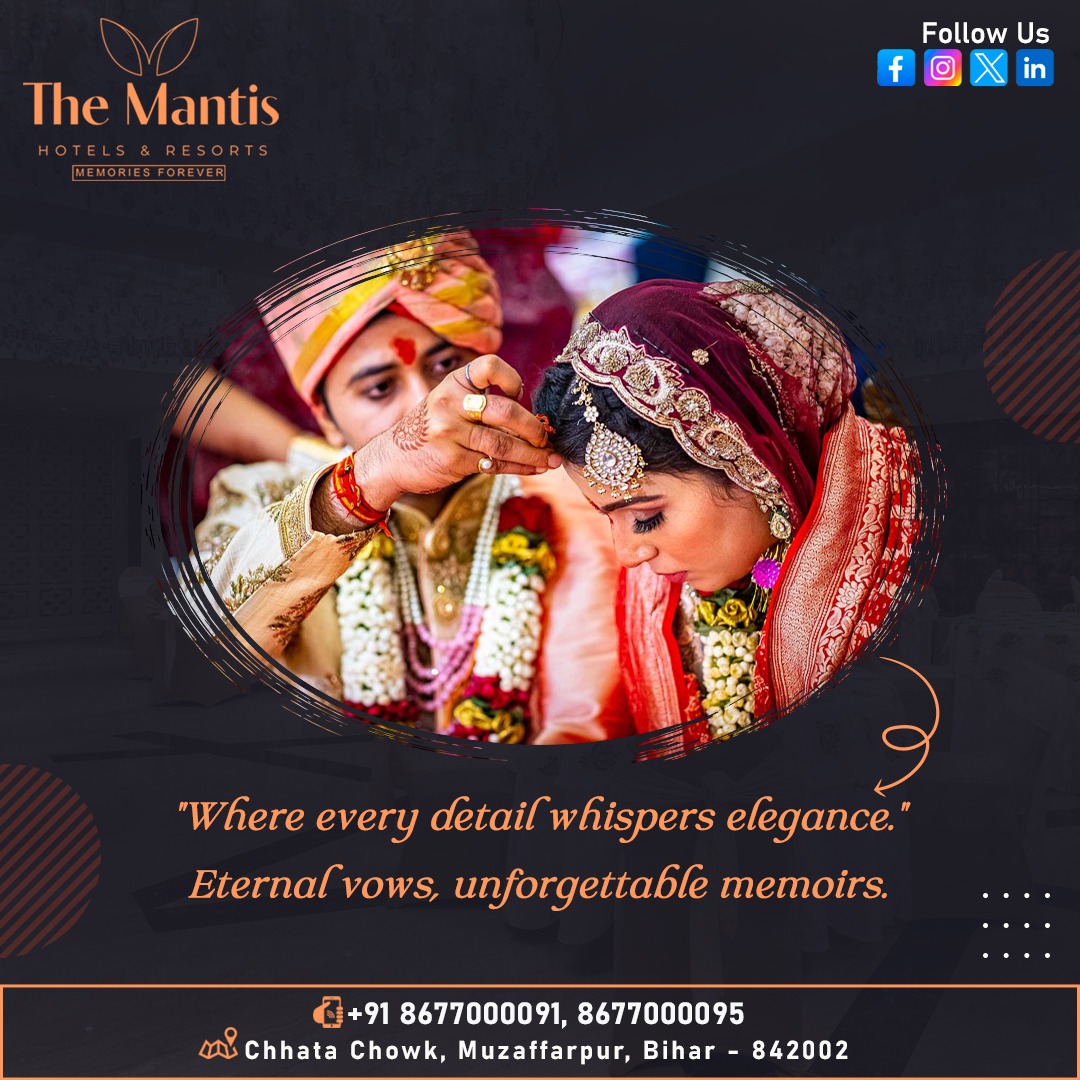 Experience the magic of your wedding day in our enchanting venue.  #TimelessElegance #DreamWedding

Call us : - +91 8677000091, 8677000095

#TheMantis #Hotels #Resorts #events #restaurants  #hotels #banquets #weddings #BookingsOpen #restaurant #banquethall #Muzaffarpur #Bihar