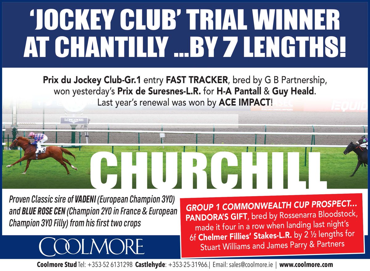 💥 'Jockey Club' Trial Winner at Chantilly by 7 lengths for @coolmorestud's CHURCHILL 💥

🥇 FAST TRACKER won yesterday's LR Prix de Suresnes for @AlexPantall & Guy Heald.

Last year's renewal was won by ACE IMPACT ‼️

Visit ➡️ coolmore.com/farms/ireland/… #ReadAllAboutIt
