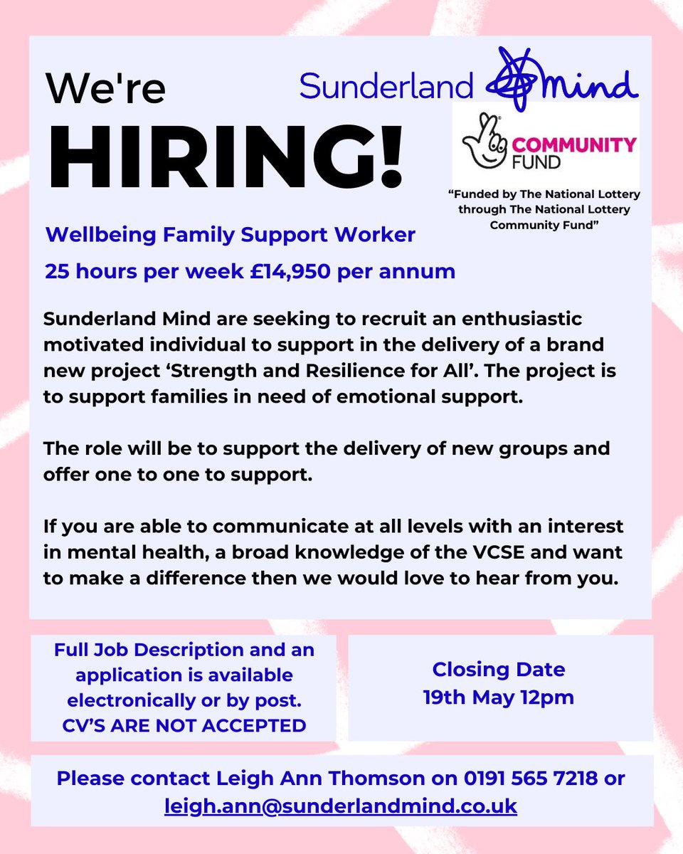 We have two exciting job opportunities available for you to join our Sunderland Mind Team. Check them out below! Full job description and application pack available. Thanks to players of the National Lottery #NationalLottery #jobopportunity #sunderland