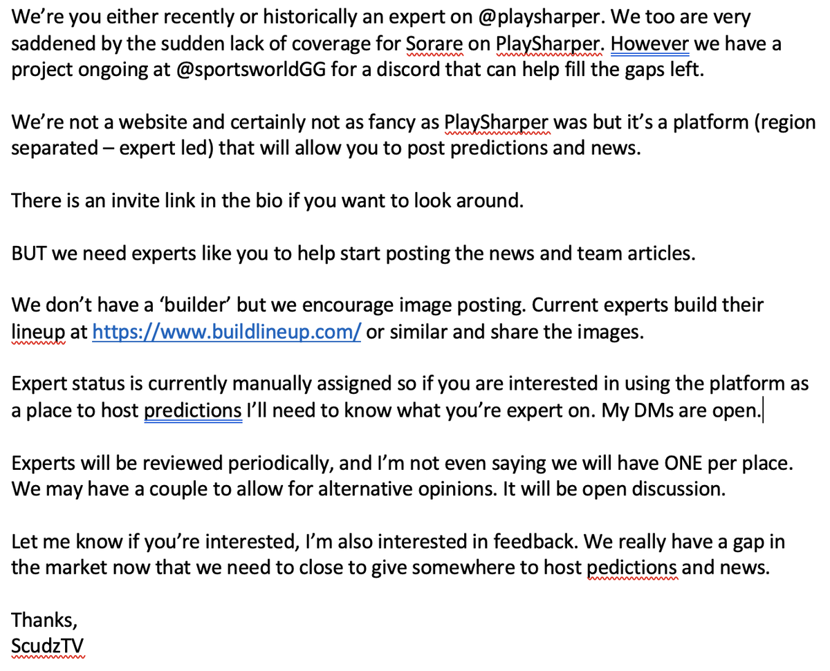 ✍️Open Letter to the @Playsharper experts✍️

A little about what we're building at @SportsWorldGG 

Please share this with all experts you respect and use.

#sorare