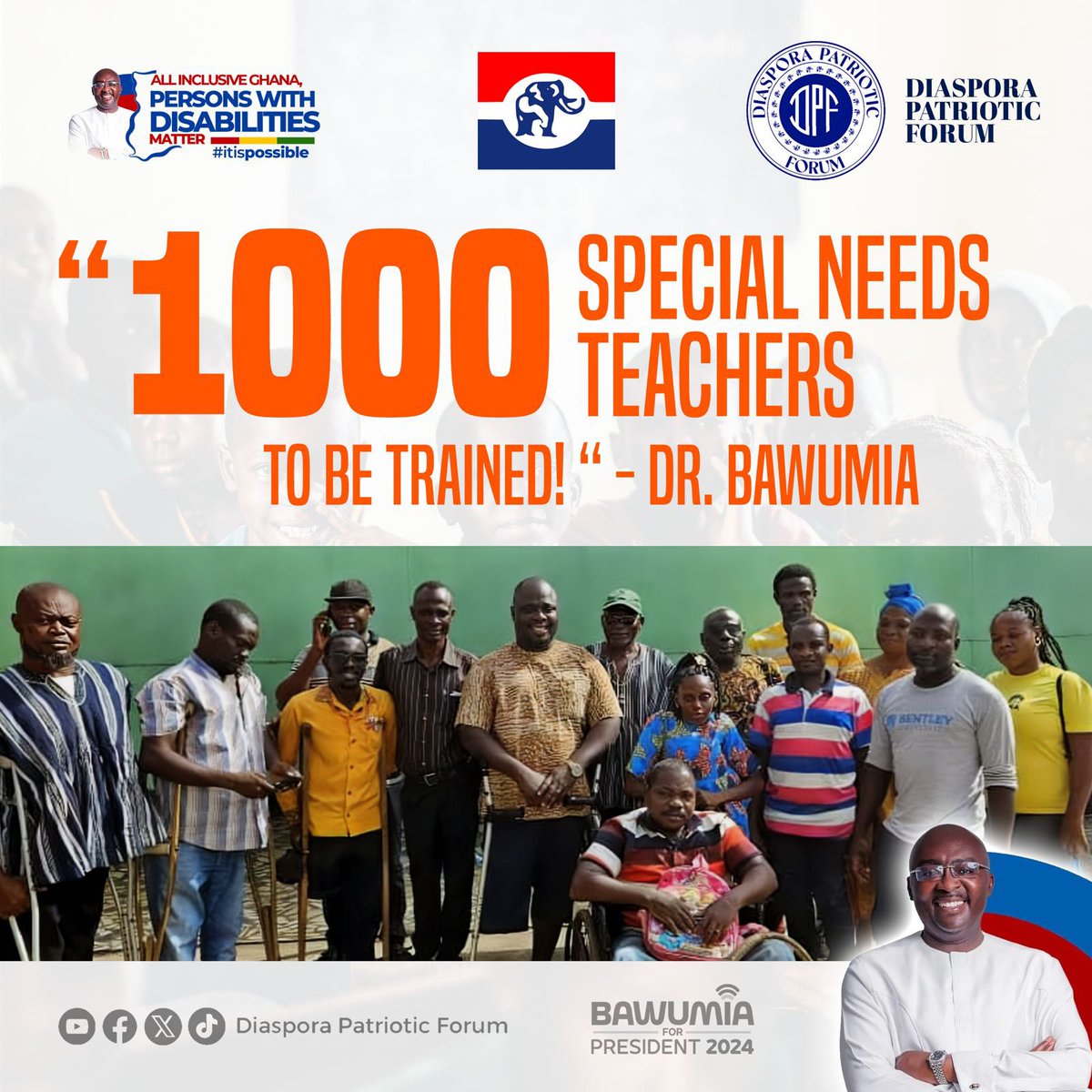 ‘1000 Special Needs Teachers to be trained’ - Dr Bawumia 

#BawumiaCares
#pwdsmatter
#pwdsforBawumia
#Bawumia2024
#BawumiaTours