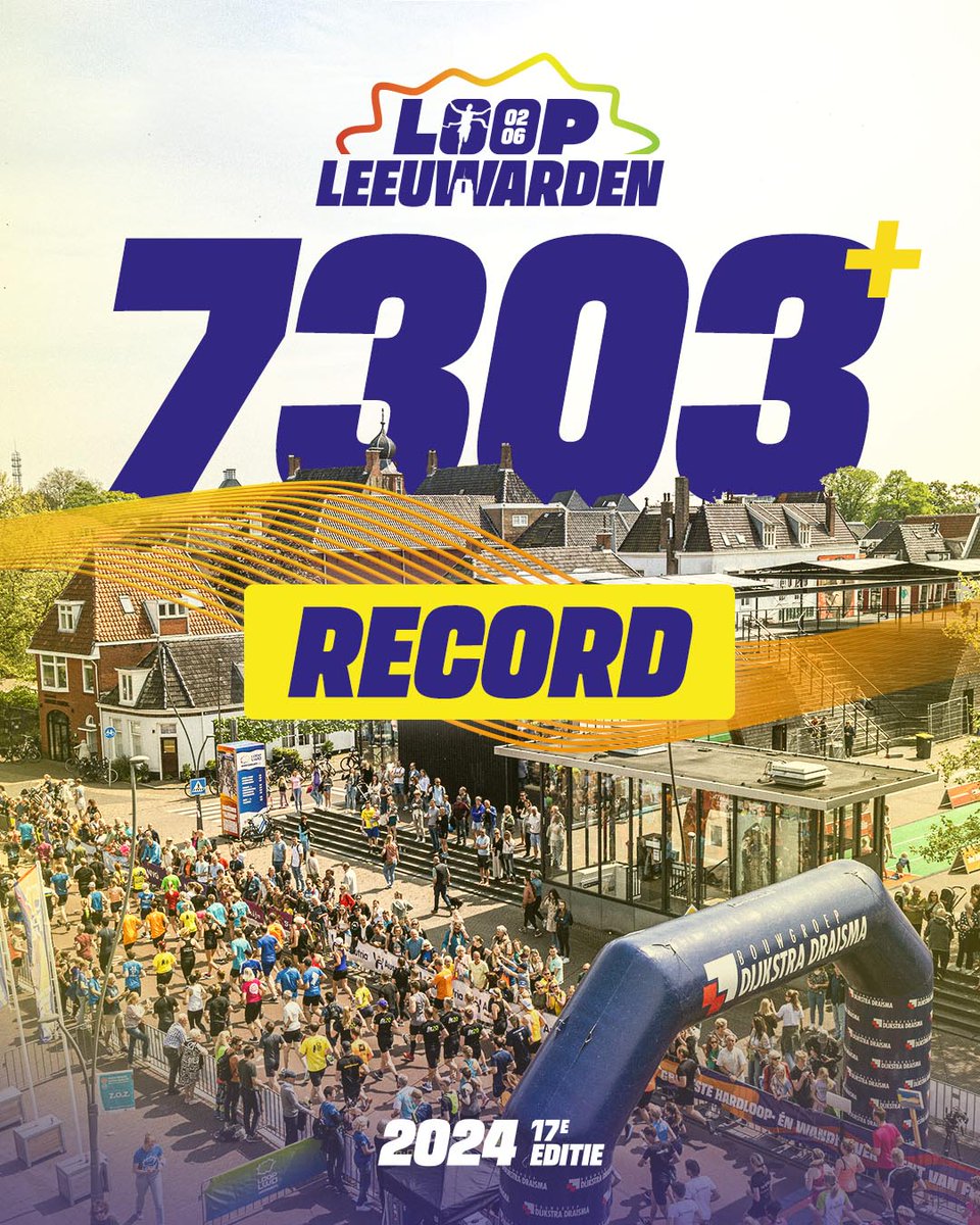 R E C O R D 💥

Maar liefst 7.303 deelnemers hebben zich ingeschreven voor LOOP Leeuwarden 2024 😍

Daarmee passeren we het oude record uit 2016, toen er 7.302 mensen meededen.

Hoeveel deelnemers denk jij dat er op zondag 2 juni aan de start staan? 

#loopleeuwarden #record