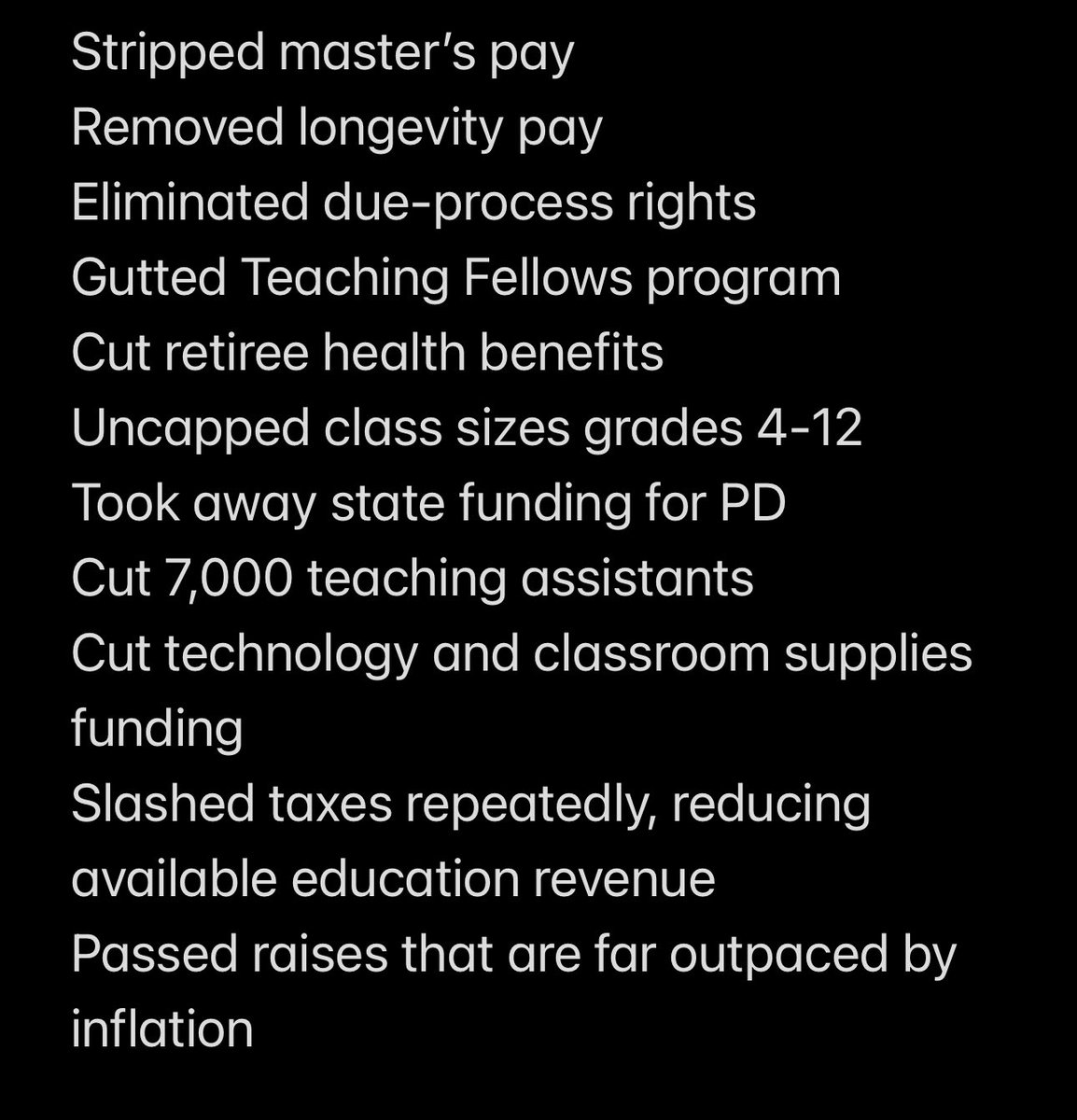 This is how the deliberate Republican dismantling of public education has occurred in NC since 2010. Deprive professionals of the resources they need to be content and successful. Pass laws to demean and undermine their work in the classroom. Death by a thousand cuts. #nced