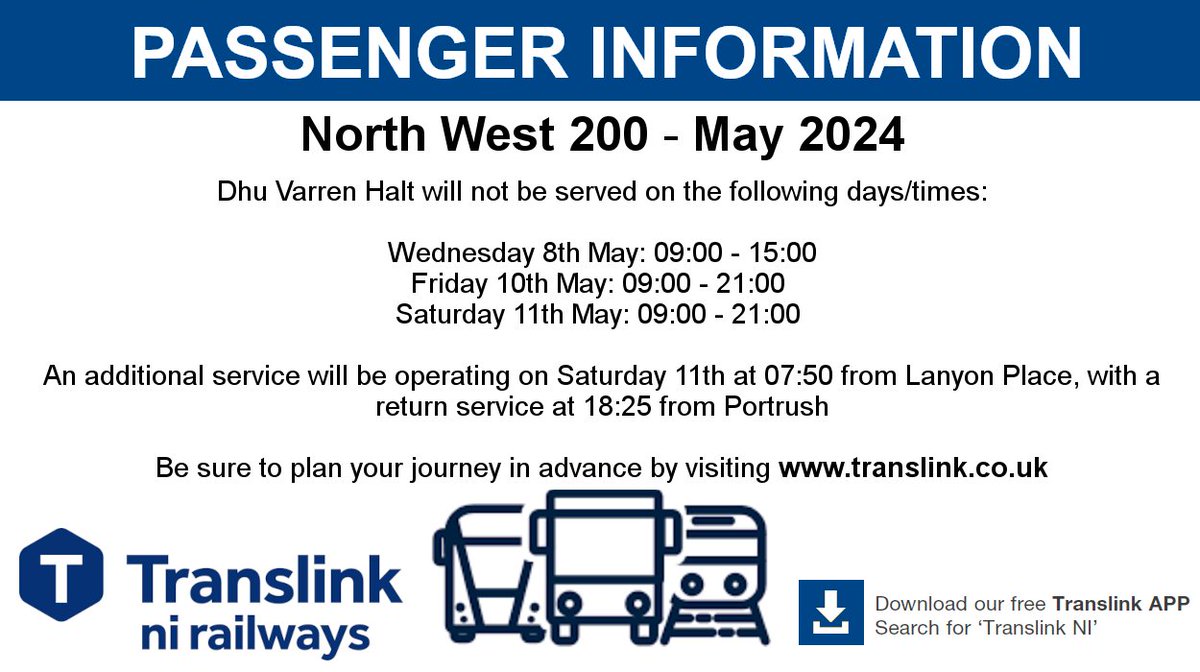 #TRAIN Disruption to services on the #Portrush line from 8th - 11th due to the #NorthWest200

📆  Plan your journey here 👉 bit.ly/3UpbYob