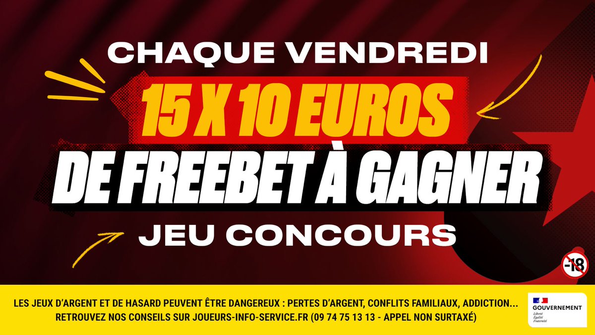 Le vendredi c’est le jour des Freebets !
10 euros de #Freebet à gagner pour 15 d’entre vous.

Pour participer :
1️⃣ Follow @PSSportsFR 
2️⃣ Retweet ce post
3️⃣ Commente avec #FridayFreebet + ton [StarsID]
 
⏳ Participation acceptée jusqu’à demain midi