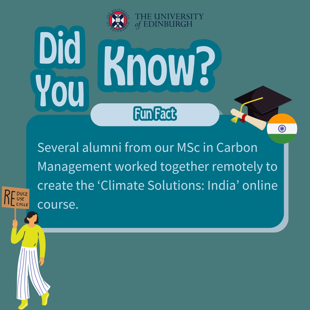 Alumni from our MSc in Carbon Management created 'Climate Solutions: India' online course due to India's vital role in climate crisis. Enroll in English (edin.ac/3jjtmLX) or Hindi (edin.ac/3J0z0wc). #5MillionMOOCLearners 🇮🇳🌱📚