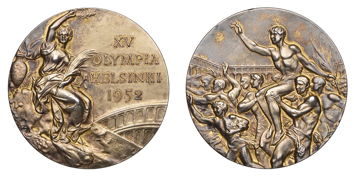 The 1952 Olympic Games Winner’s medal awarded to the American swimmer Jimmy McLane in Helsinki is estimated at £8,000-10,000. For more information on the medal, please visit noonans.co.uk/auctions/calen… #olympics #olympicmedals #swimming #USathletics #medals #helsinki