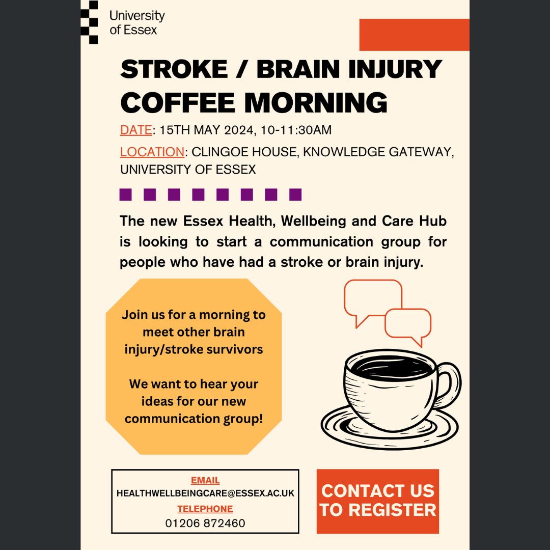 We are running a coffee morning later this month for individuals with lived experience of stroke or brain injury. From this focus group, we plan to run focused communication workshops, supported by our therapy team and students. Email or call to book onto the session. @UoE_NROC